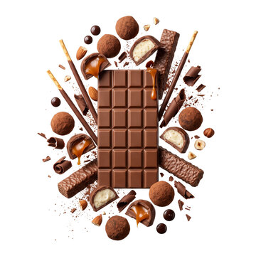 Assorted Chocolate Candies and Bar, Isolated on White Background