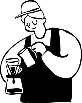 Hand Drawn Barista Making Drip Coffee Outline Clipart