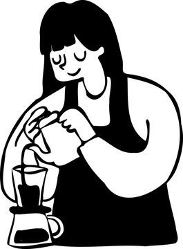 Hand Drawn Woman Barista Making Drip Coffee Outline Clipart
