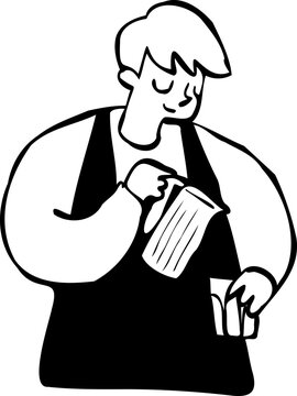 Hand Drawn Man Barista Making Coffee Outline Clipart