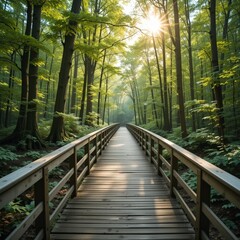 Fototapeta premium Elevated wooden boardwalk path guiding the viewer deeper into a sunlit green forest sanctuary