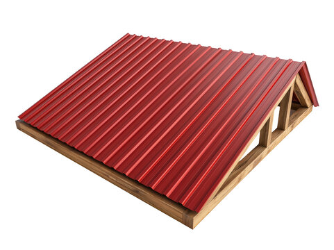 Red corrugated metal roof section with wooden truss frame isolated on white background
