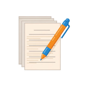 A stack of official documents with a vibrant orange pen resting on the top sheet for business and legal paperwork