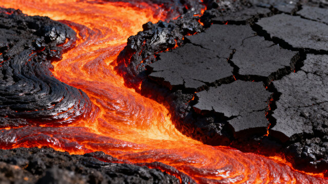 Molten lava flowing over cracked volcanic rock surface, hot magma stream background.