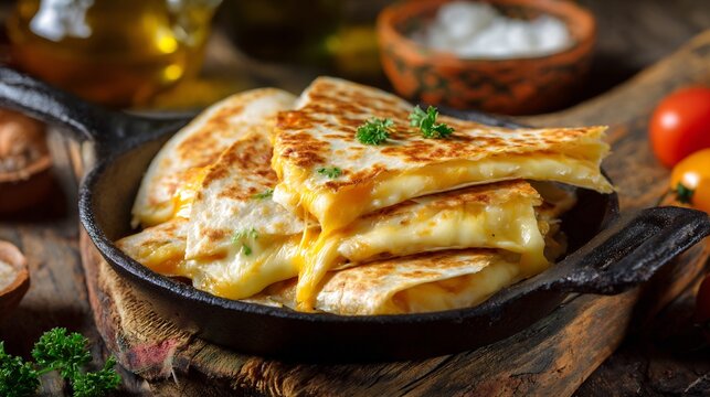 Rustic cheese quesadillas with melted cheese served in a cast iron skillet on a wooden board