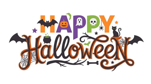 Colorful happy halloween text design with festive holiday icons and spooky decorative elements on white background