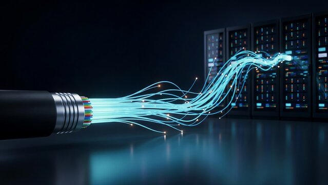 Fiber optic cable transmits glowing light data pulses toward enterprise server rack cabinets for high speed internet connectivity and secure digital infrastructure.