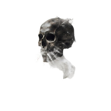 3D render of floating human skull dissolving into smoke particles for dark digital art backgrounds