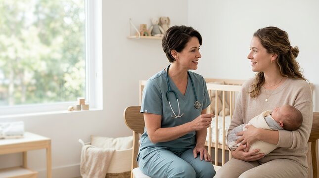 A friendly pediatrician consulting with a new mother holding her newborn baby in a bright clinic.