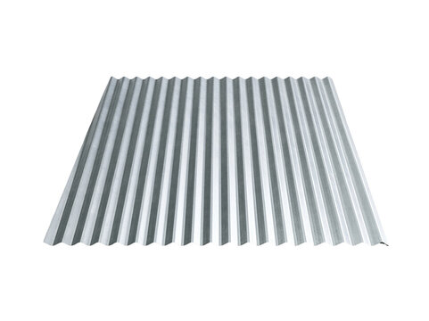 Corrugated metal sheet for roofing or industrial wall cladding isolated on white background.