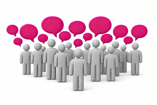 Group of grey people figures with pink speech bubbles above their heads