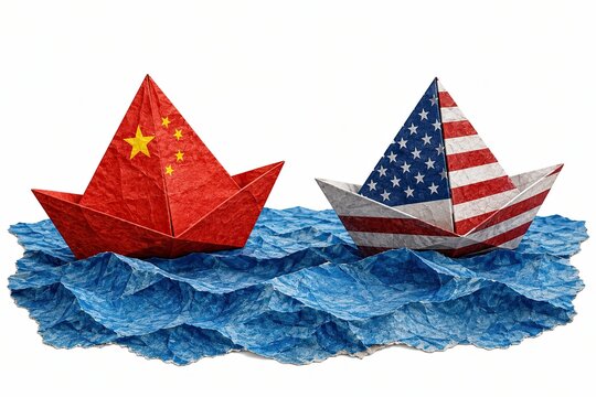 Paper boats with china and usa flags sailing on blue ocean waves
