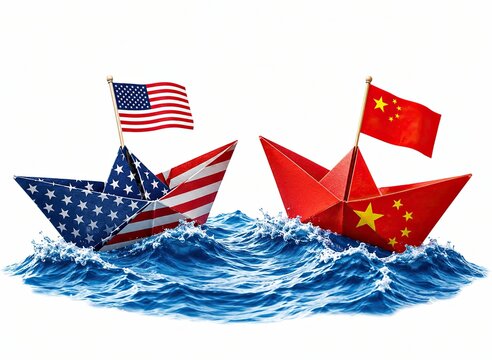 Paper boats with american and chinese flags sailing on blue water