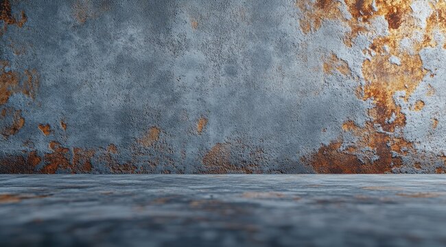A moody, dimly lit image showcasing a textured wall and floor, seemingly made of concrete or stone, with patches of rust or discoloration creating a grunge aesthetic