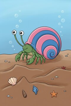 Cute cartoon hermit crab with colorful shell under the sea
