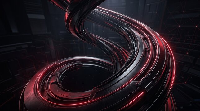 Futuristic red technology abstract background with glowing light trails. Digital data stream, high tech circuit design, 3d rendering
