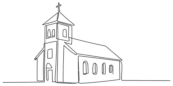 Continuous single line drawing of a small church building with a cross on top roof in a simple minimalist art style for religious and spiritual concept design isolated on transparent background