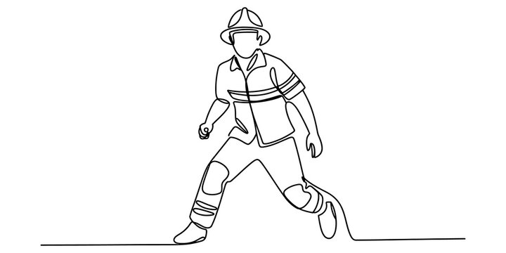 Continuous single line drawing of a brave firefighter wearing a safety helmet and protective uniform gear standing ready for emergency rescue work service isolated on transparent background
