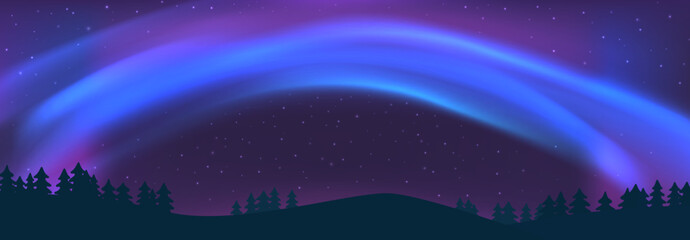 Fototapeta premium Starry night sky with blue purple aurora borealis background. Bright Northern lights glow over fir forest landscape. Polar lights phenomenon illustration. Natural panorama view. Vector 