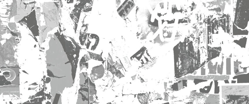 Torn monochrome paper collage with abstract shapes and text fragments background black white grey