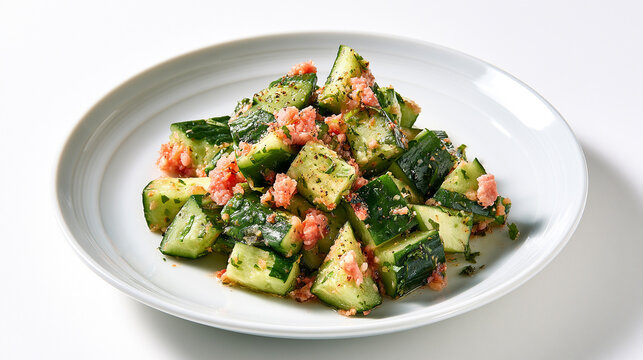 A Clean Commercial Food Photograph of Smacked Cucumber Salad Tossed with Savory Mentaiko Spicy Cod Roe Dressing on a White Plate