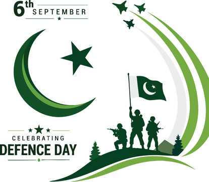  Pakistan Defence Day vector illustration with soldiers raising flag crescent star jets green trails patriotic commemoration design
