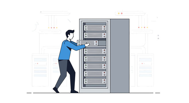 IT professional installing server rack in data center, technology concept