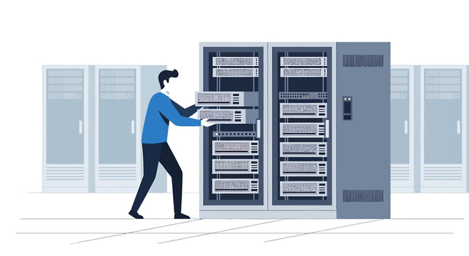 IT technician installing server rack in data center, technology concept