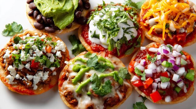 Variety of Crispy Corn Sopes with Black Beans Avocado and Fresh Vegetable Toppings