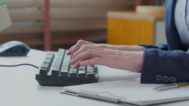 Businesswoman hands typing on computer keyboard at office desk