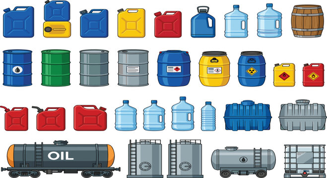 Industrial Liquid Storage Containers Vector Set with Jerrycans, Oil Drums, Water Jugs, Tanker Cars, Storage Silos, and IBC Tote for Logistics Graphic Designs
