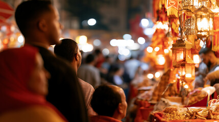 Fototapeta premium Atmospheric Night Market Scene With Warm Lanterns Celebrating The Spirit Of The Holy Ramadhan