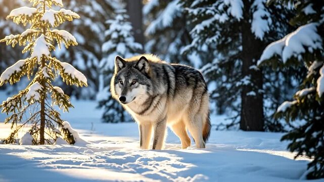 Majestic wolf stands in a sunlit snowy forest, looking directly at viewer.