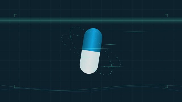 Glowing Blue And White Medical Capsule Pill Rotating In Digital Sci Fi Interface Space