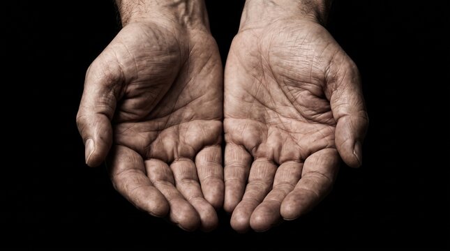 Close-up of elderly wrinkled hands open in prayer or begging against a black background