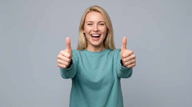 Excited young blonde woman showing thumbs up gesture, smiling broadly on grey background