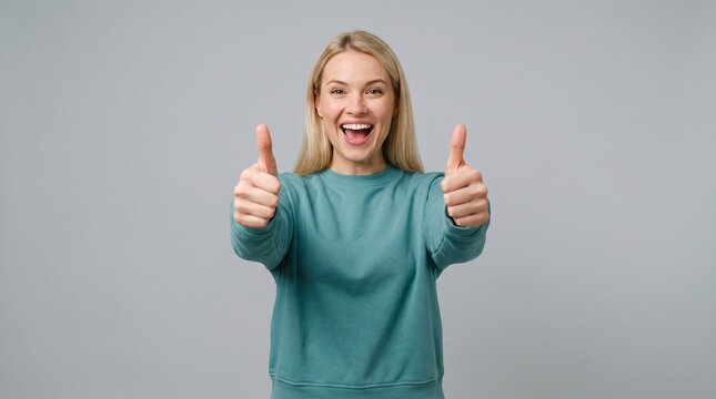Joyful blonde woman giving double thumbs up sign for approval and success