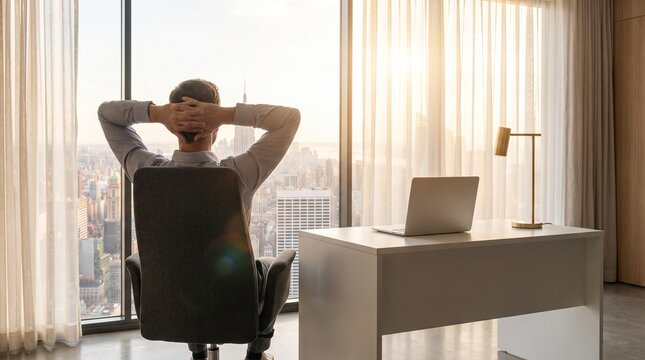 Businessman relaxing in modern high-rise office looking out window at city skyline during sunset