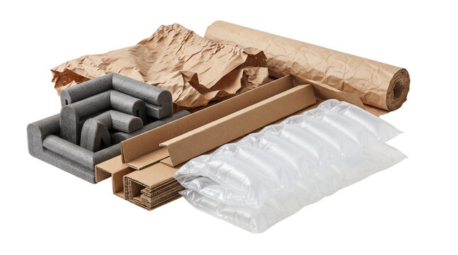 Protective packaging materials set, brown kraft paper and bubble wrap, foam corner protectors and cardboard edges for shipping