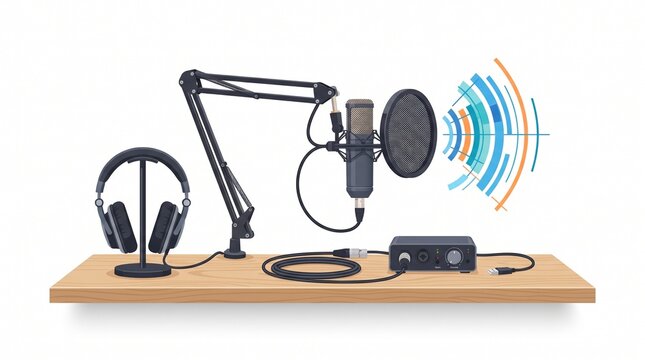 Professional podcast microphone setup with pop filter, headphones, audio interface and sound waves, clean flat design illustration for recording and broadcasting