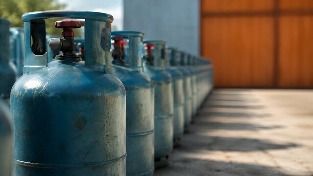 LPG Gas Cylinders in Industrial Storage Facility, Propane Tank Distribution and Energy Supply Concept