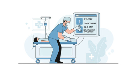 Obraz premium Doctor interacting with digital treatment screen next to patient on hospital bed