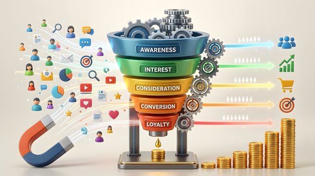 3D marketing sales funnel with magnet attracting customer icons and generating coin profit