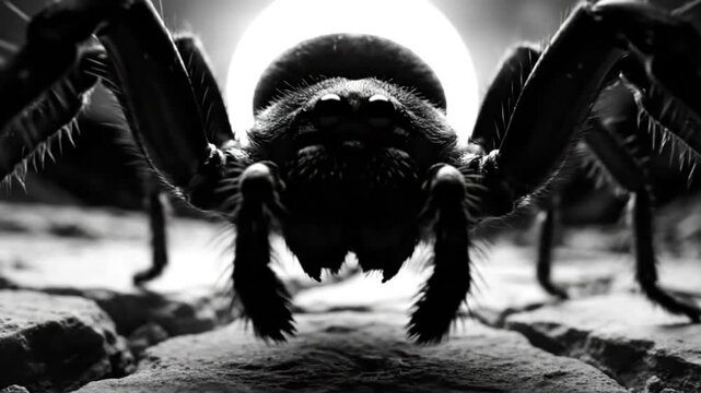 Spooky black and white close-up of a spider crawling towards the viewer with bright background of a full moon.