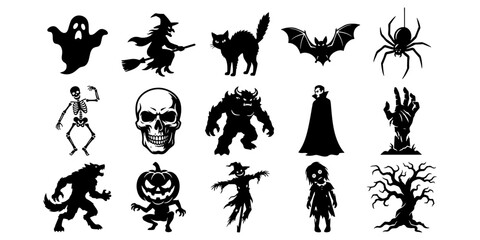 Fototapeta premium Set of Halloween character silhouettes and spooky icons on black background