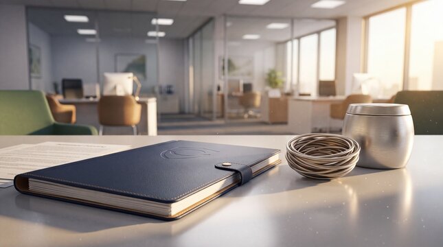 Blue notebook lying on office table with metal container and woven basket in modern workspace background with leather notebook sits desk metal jar professional with stationery