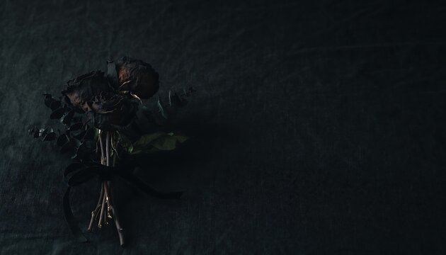 Dried black rose bouquet on dark textured background with copy space