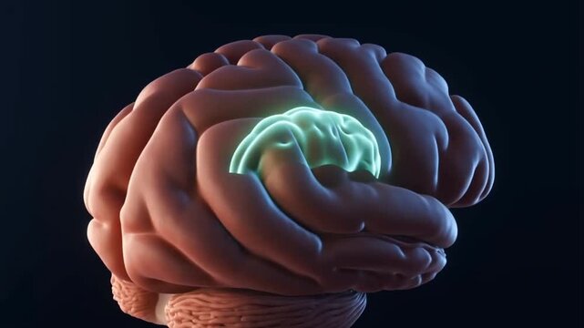 3D Animation of Human Brain with Glowing Area Representing Neurological Activity or Disease