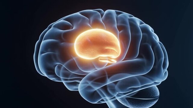 3D animation of glowing human brain with highlighted nucleus basalis medical concept science technology