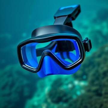 Sleek blue and black diving mask with tempered glass lens for underwater exploration, deep sea, research vessel